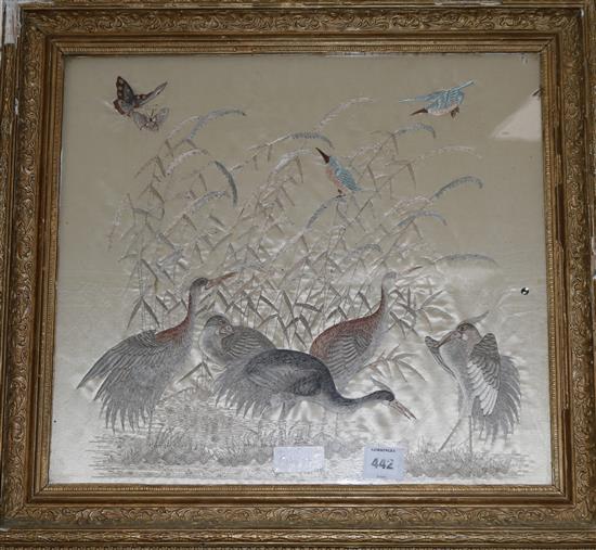 A Japanese embroidered silk picture of birds c.1900, 45 x 50cm